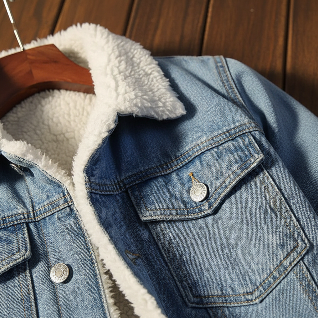 Casual men's outerwear: blue denim jacket with cozy fleece interior, front buttons