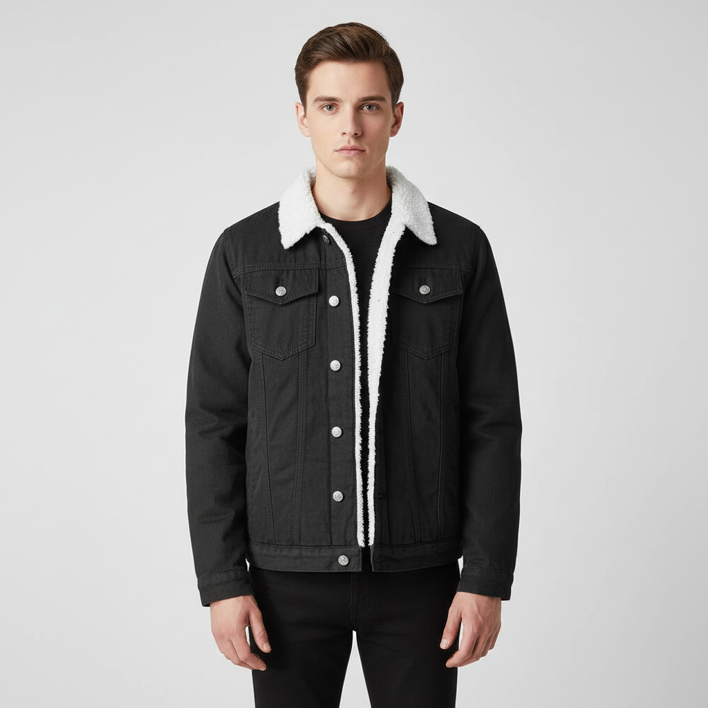 Stylish men's fashion: warm fleece-lined denim jacket, ideal winter outerwear