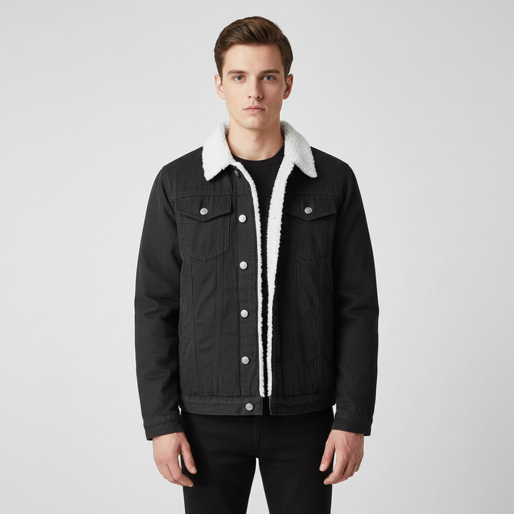 Stylish men's fashion: warm fleece-lined denim jacket, ideal winter outerwear