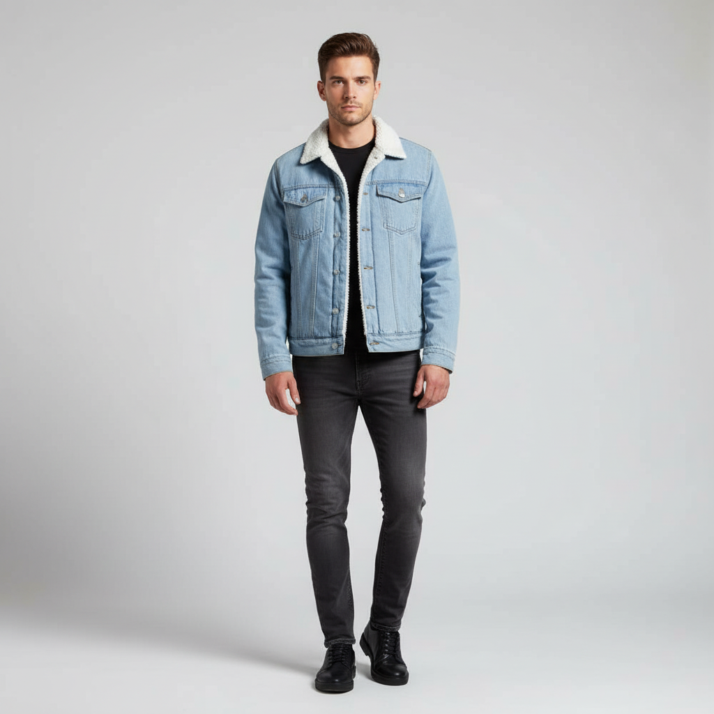 Durable men's denim jacket, fleece lined for extra warmth, classic button-front style