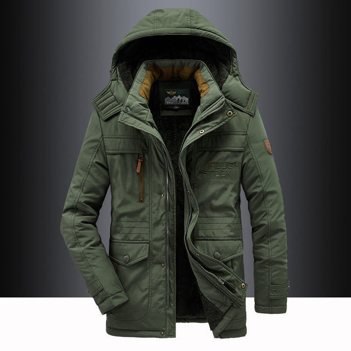 Men's warm fleece-lined hooded winter parka, thigh-length outerwear jacket for ultimate cold weather protection.