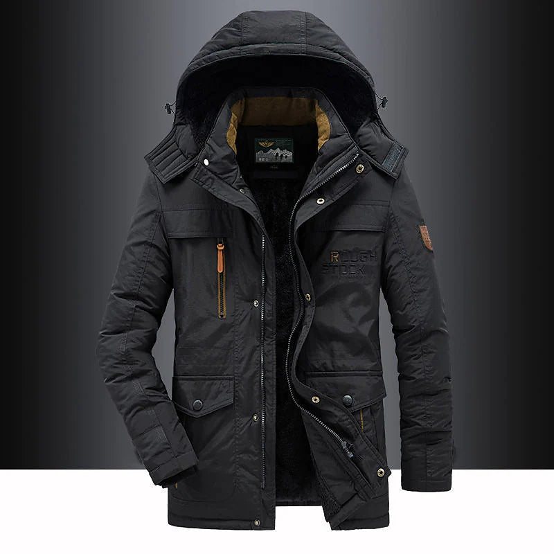 Insulated men's hooded parka with soft fleece lining, ideal thigh-length winter jacket for cold weather warmth.