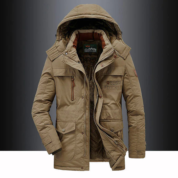 Men's everyday outdoor winter parka, fleece-lined and hooded, providing superior warmth for cold weather wear.