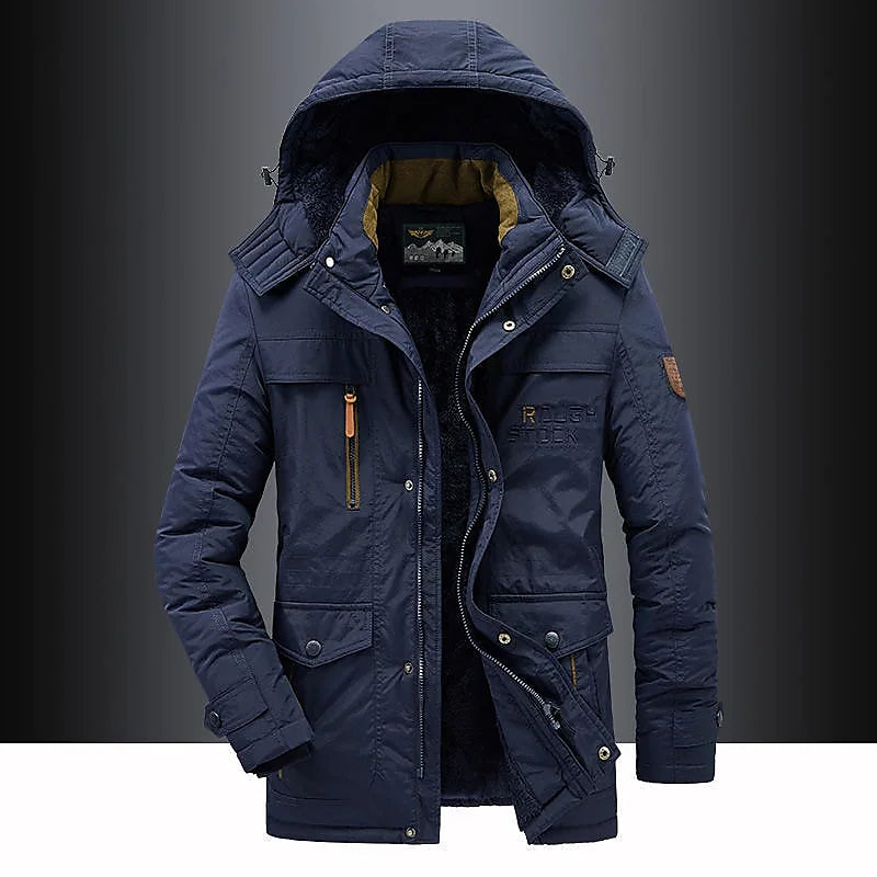 Close-up of men's hooded winter parka, highlighting warm fleece lining, insulated design, and durable outerwear.