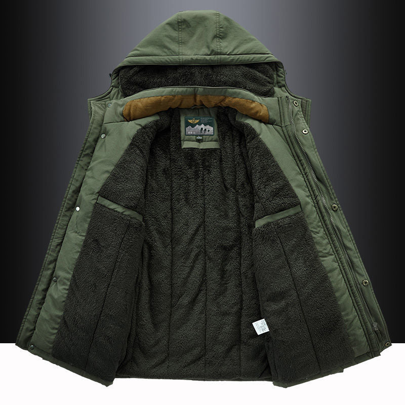 View of men's thigh-length hooded parka, fleece-lined, designed for maximum winter warmth and outdoor comfort.