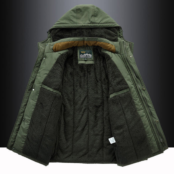 View of men's thigh-length hooded parka, fleece-lined, designed for maximum winter warmth and outdoor comfort.