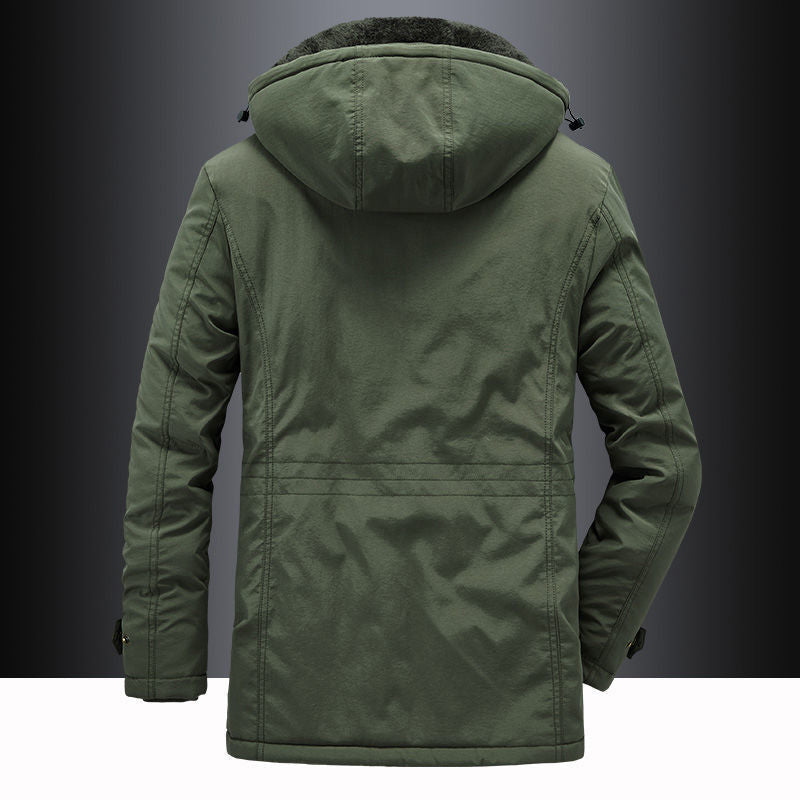 Stylish men's insulated hooded winter parka, fleece-lined, perfect for cold weather and outdoor adventures.