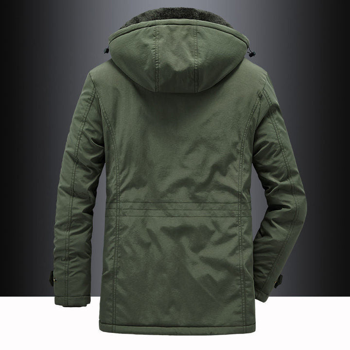 Stylish men's insulated hooded winter parka, fleece-lined, perfect for cold weather and outdoor adventures.