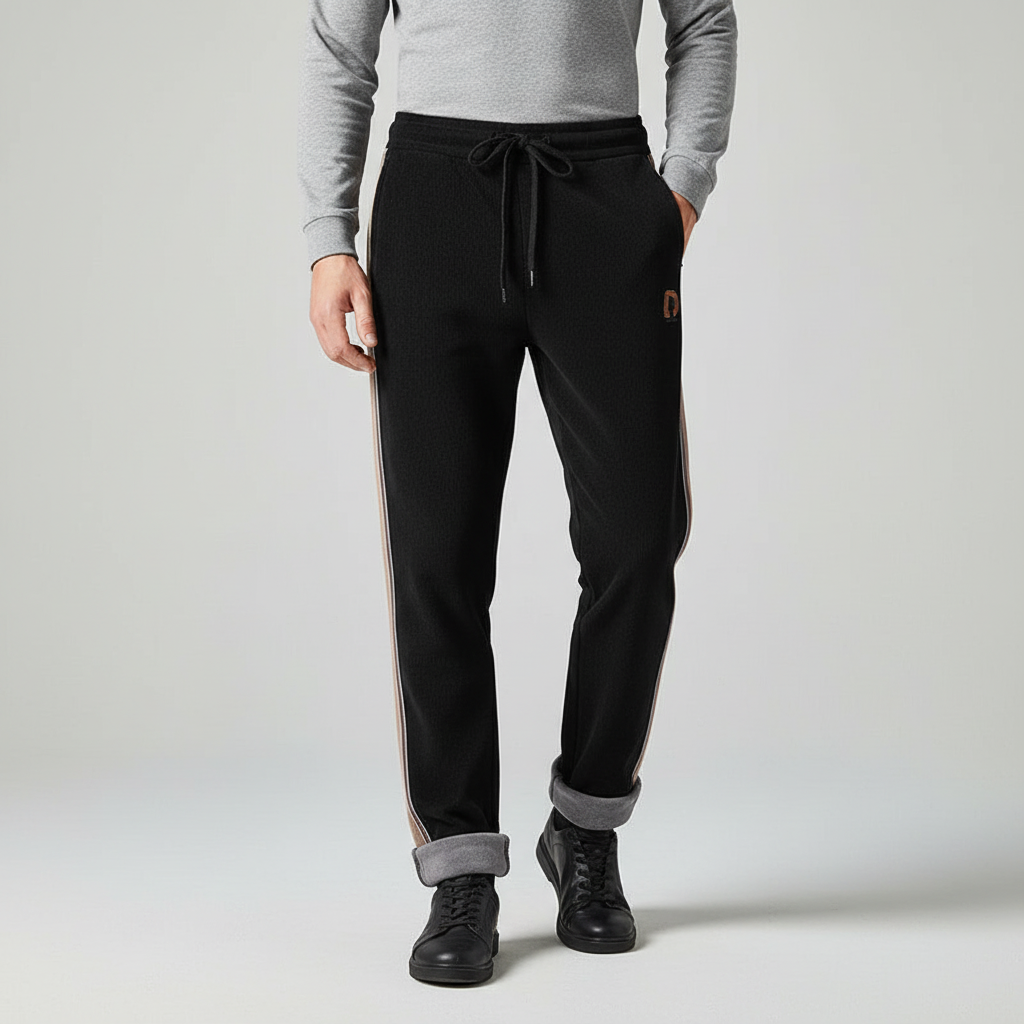 Close-up of the soft fleece lining inside men's comfortable casual jogger pants for cold weather