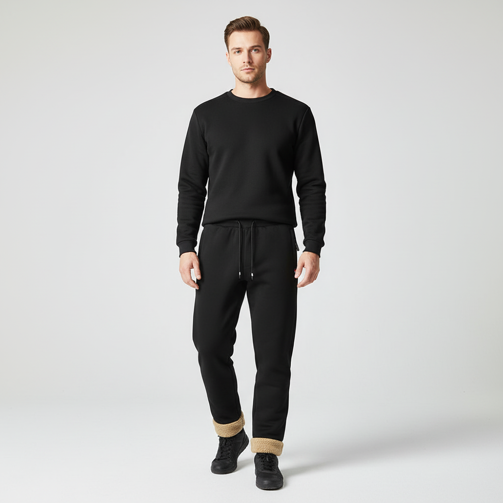 Pair of folded men's warm joggers, showing elastic waistband and cuffed ankles, cozy winter apparel