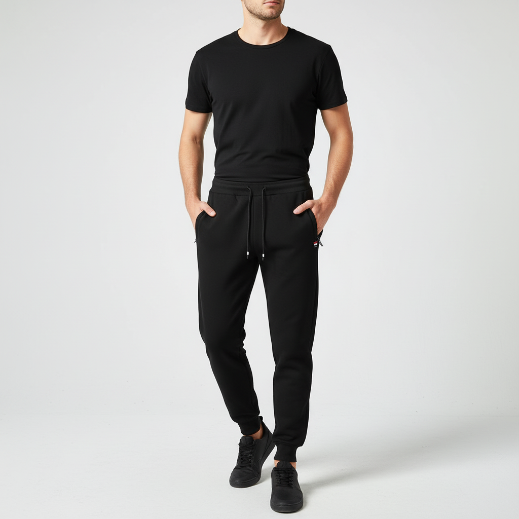 Side view of model in men's fleece lined sweatpants, highlighting the relaxed fit and comfort