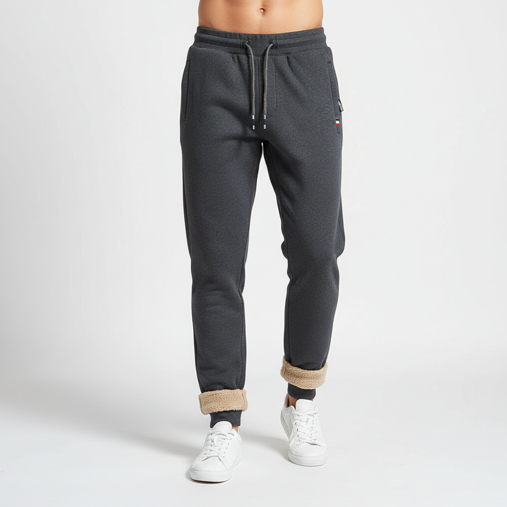 Detail of pocket on men's warm joggers, practical and comfortable winter casual pants