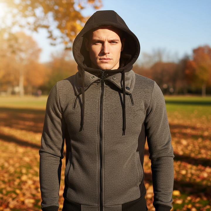 Men's warm fleece-lined sporty jacket with adjustable hood, perfect for winter and autumn casual outerwear.