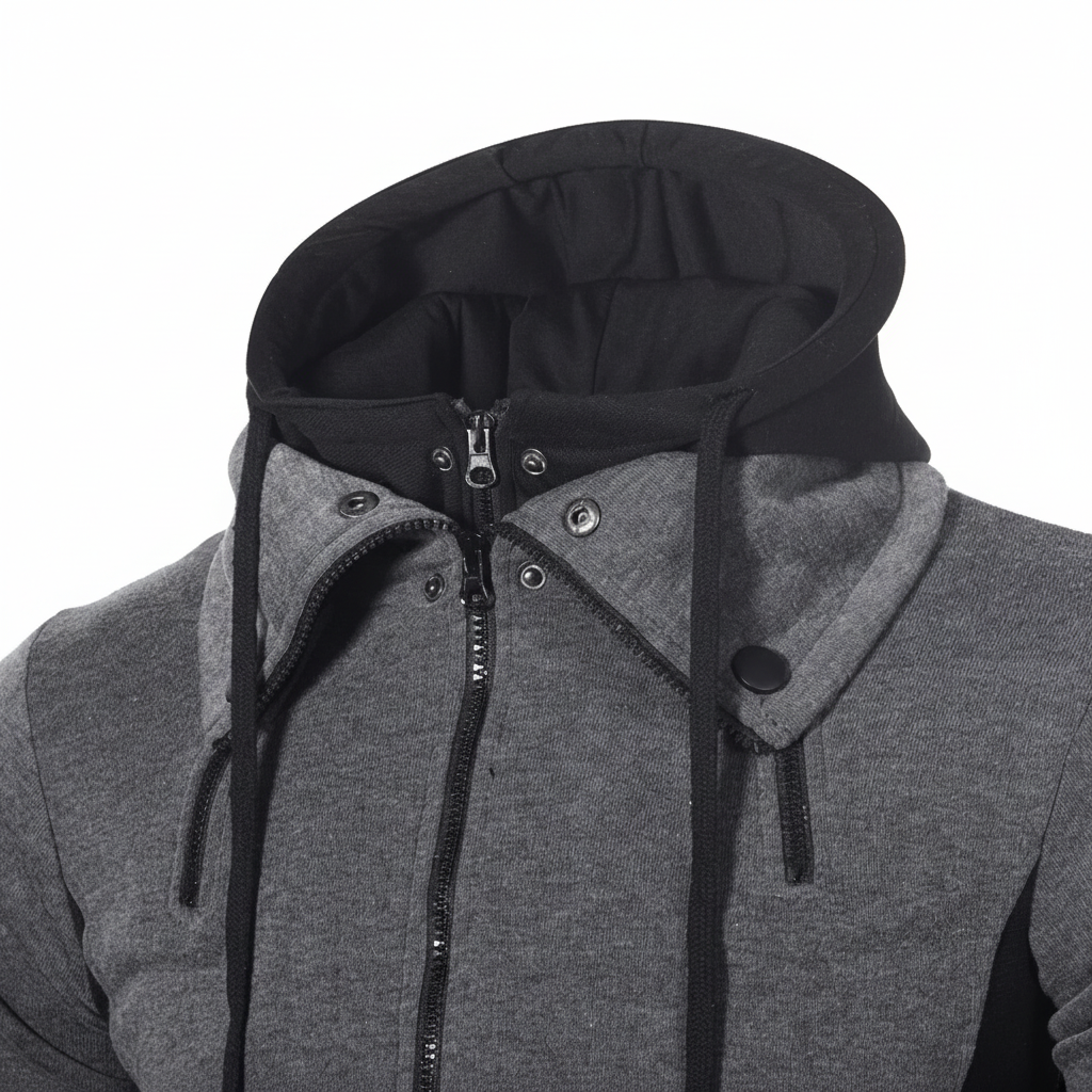 Close-up of the fleece lining and adjustable hood on a men's warm winter sporty jacket.