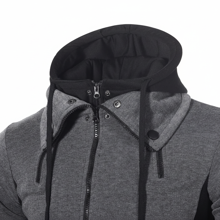 Close-up of the fleece lining and adjustable hood on a men's warm winter sporty jacket.