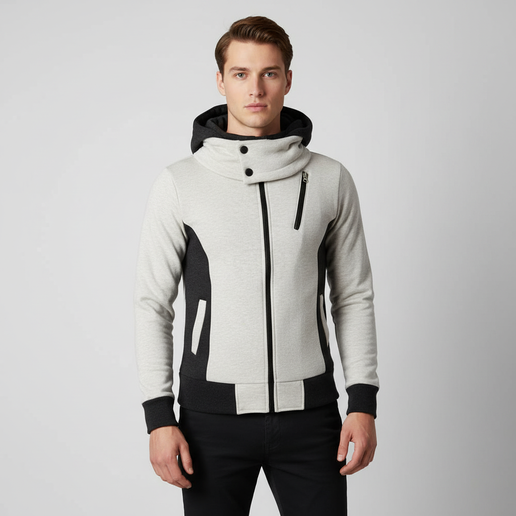 Full shot of men's casual hooded fleece jacket, dark blue, suitable for autumn and winter.