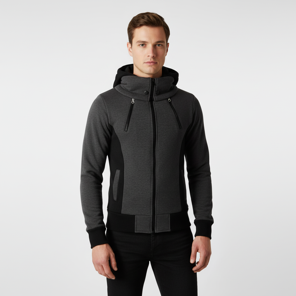 Dynamic image of a man wearing a warm fleece sporty jacket with hood, ready for outdoor autumn activities.