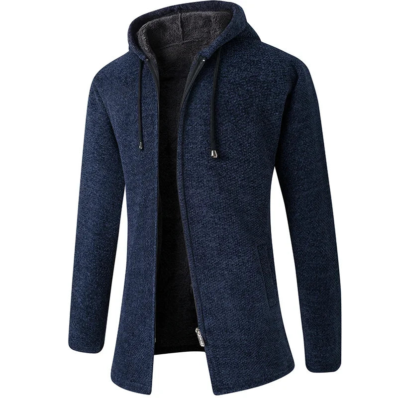 Men's warm hooded jacket, plush comfort for cold weather outerwear.
