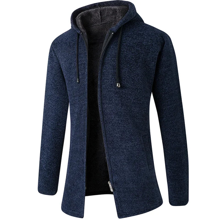Men's warm hooded jacket, plush comfort for cold weather outerwear.