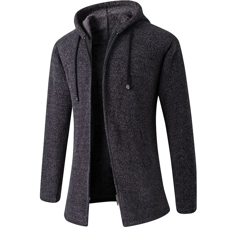 Men's winter coat, warm hooded jacket with plush lining, ideal for cold weather comfort.