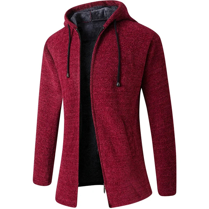 Stylish men's plush hooded jacket, a warm zip-up coat perfect for casual winter days.