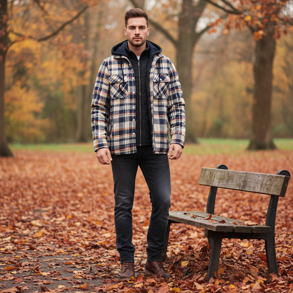 Men's warm hooded plaid jacket with padded lining, button-up, ideal winter outerwear