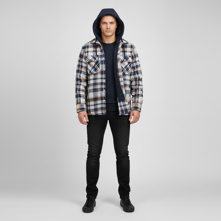 Casual men's plaid jacket, hooded, padded, perfect for cold weather