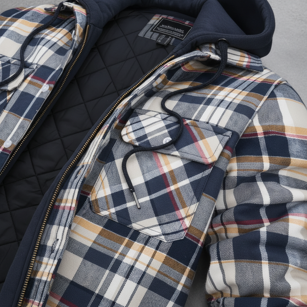 Front view of men's warm button-up plaid jacket with comfortable hooded design
