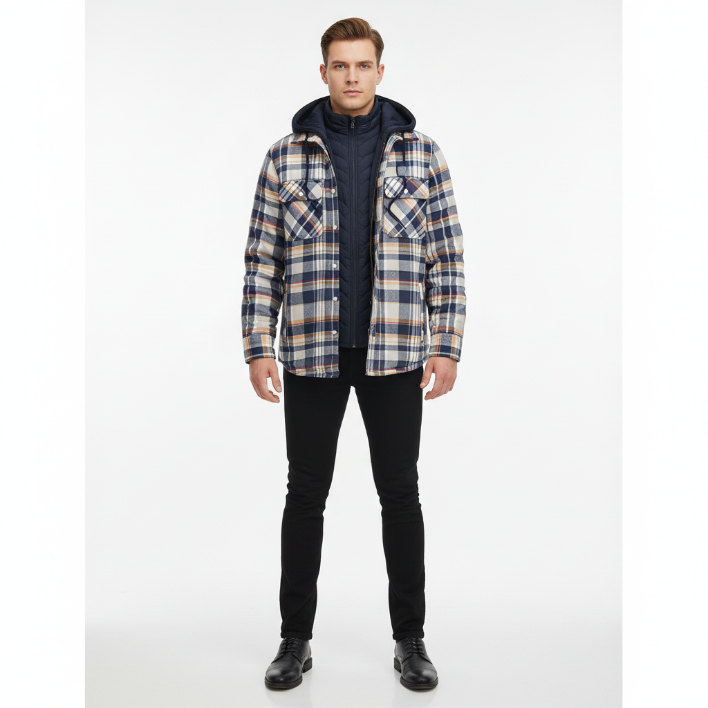Side profile of men's winter hooded jacket, blue and green plaid, padded for warmth
