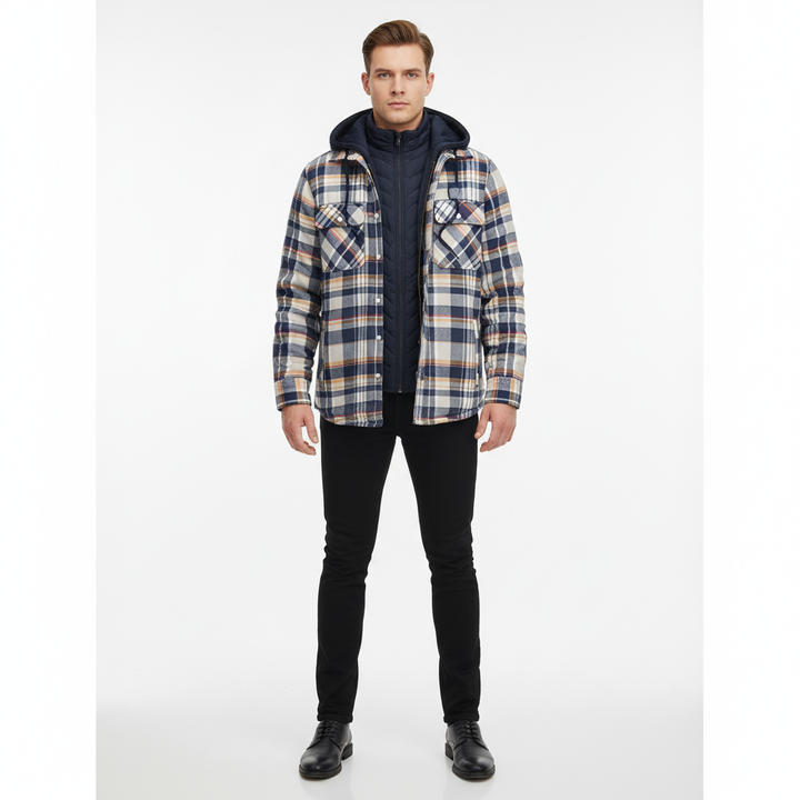 Side profile of men's winter hooded jacket, blue and green plaid, padded for warmth