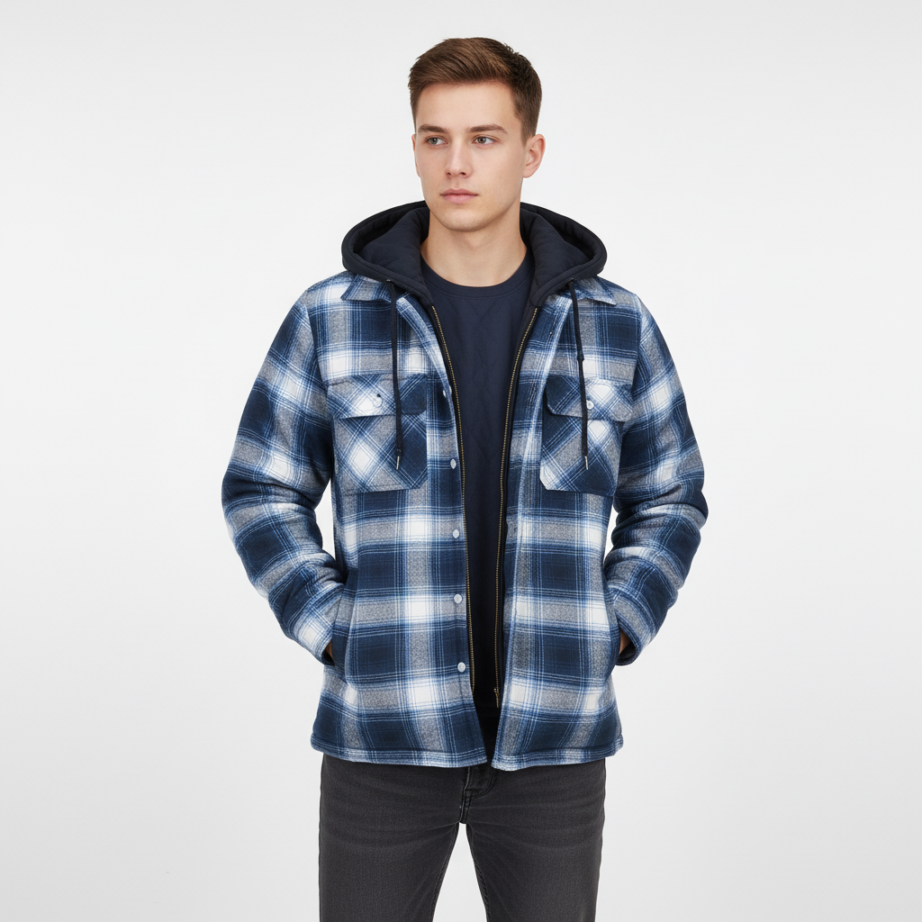 Back view of men's hooded plaid outerwear, designed for winter comfort and style