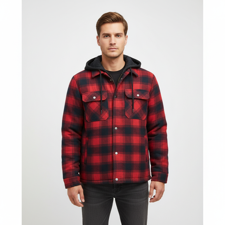 Model wearing men's warm flannel-look plaid hooded jacket with padded interior
