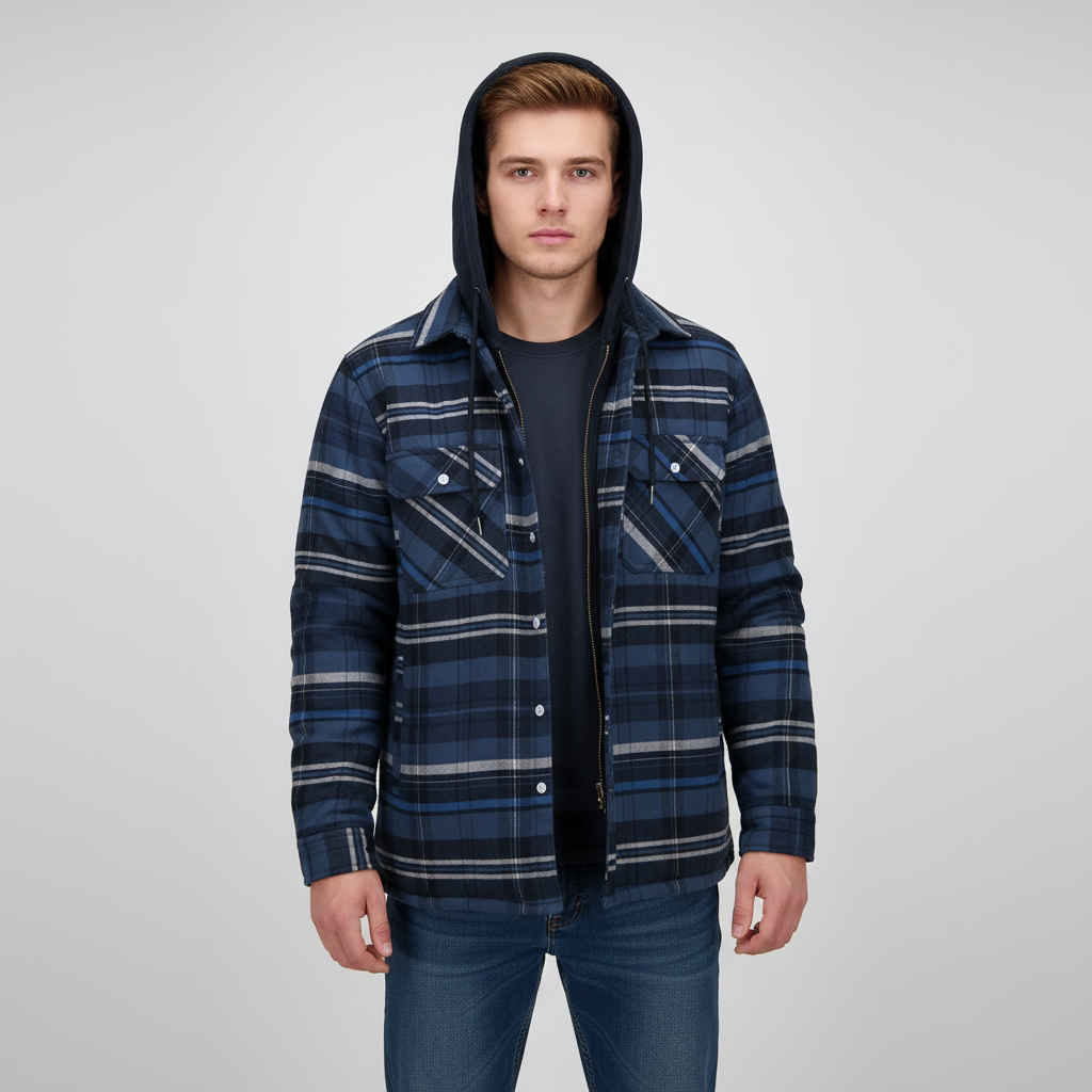 Detail of men's hooded plaid jacket cuff and button closure, padded for extra warmth