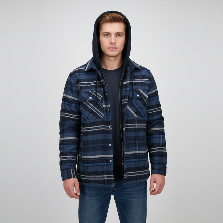 Detail of men's hooded plaid jacket cuff and button closure, padded for extra warmth