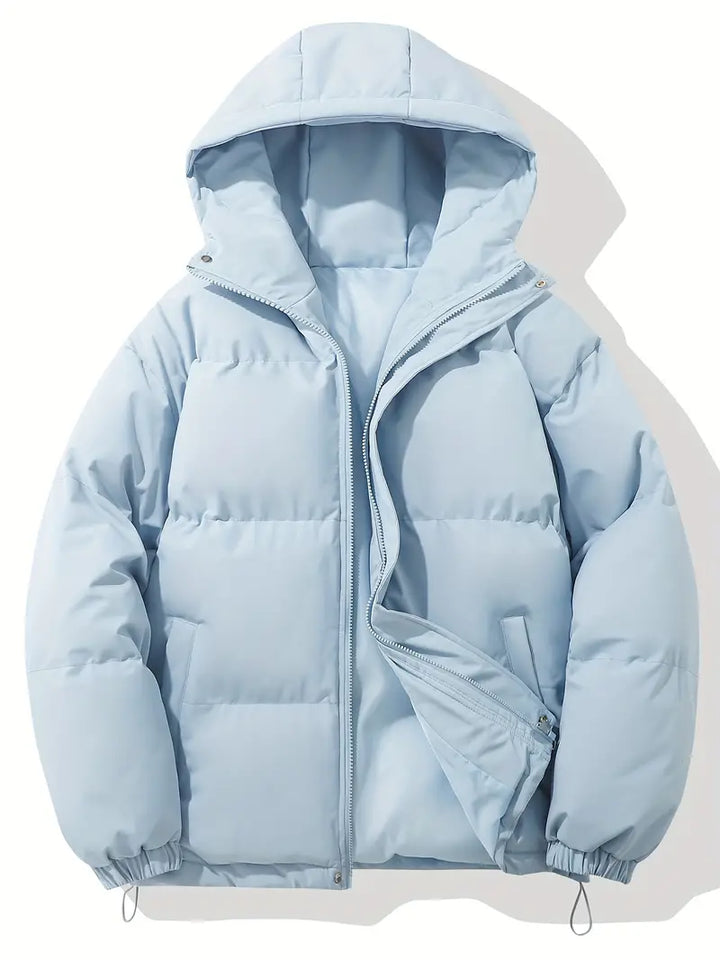 Comfortable men's hooded winter jacket, designed for superior warmth during cold outdoor adventures.