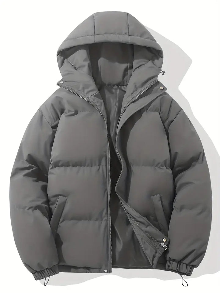 Fashionable & warm men's hooded winter jacket, a comfortable classic outerwear piece for cold days.