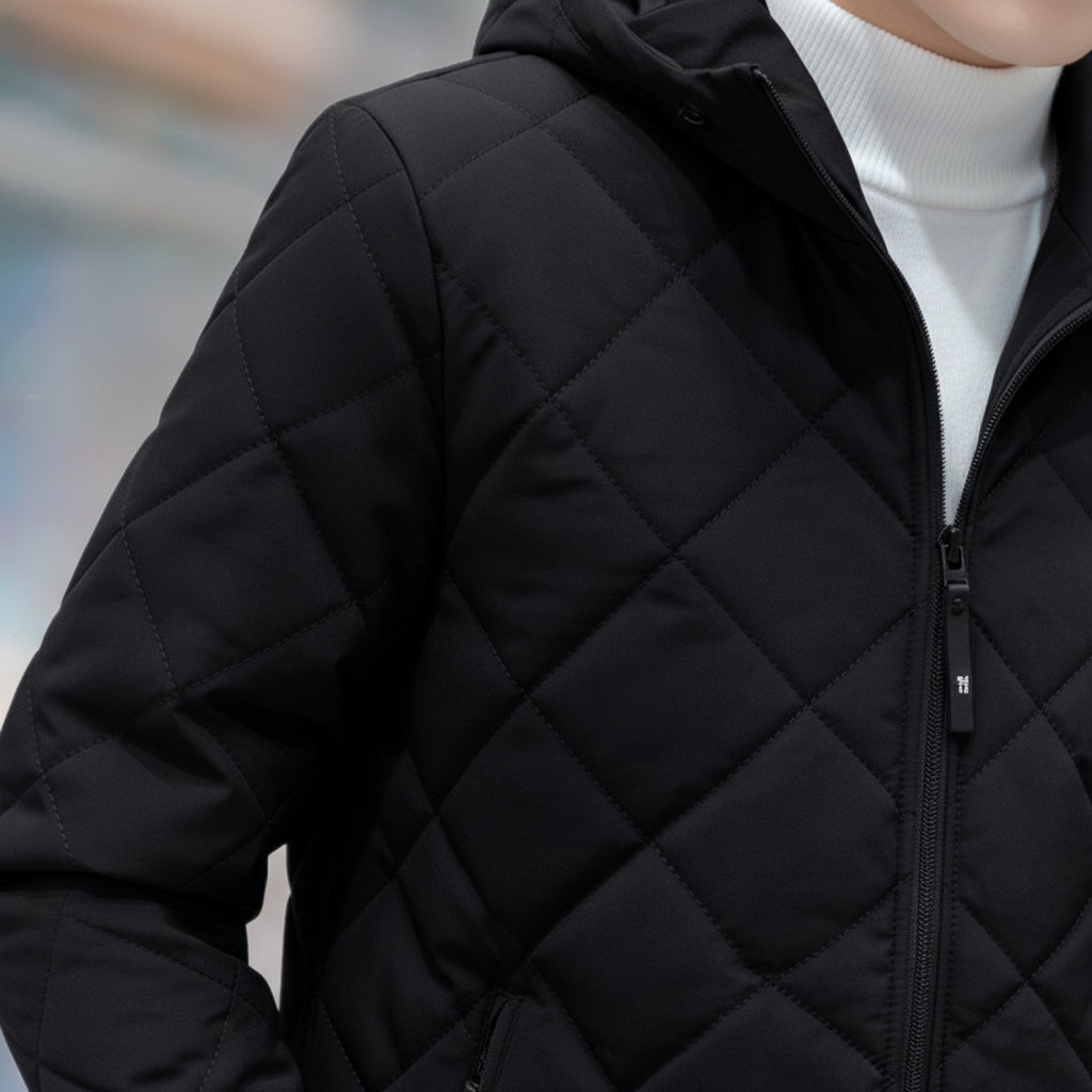 Insulated polyester men's autumn winter coat with a protective hood, comfortable and warm.