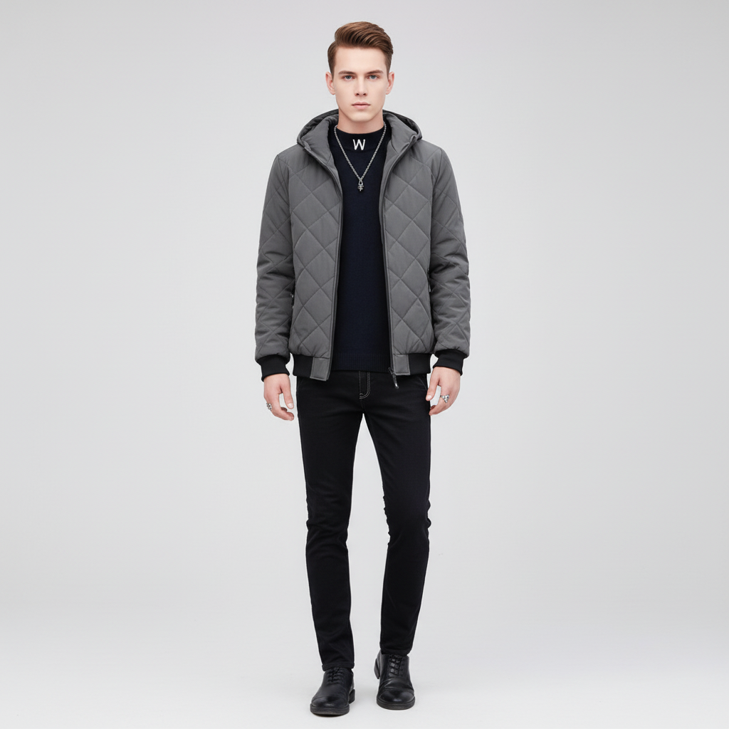 Warm men's padded jacket with hood, durable polyester for winter, comfortable fit.