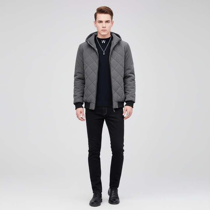 Warm men's padded jacket with hood, durable polyester for winter, comfortable fit.