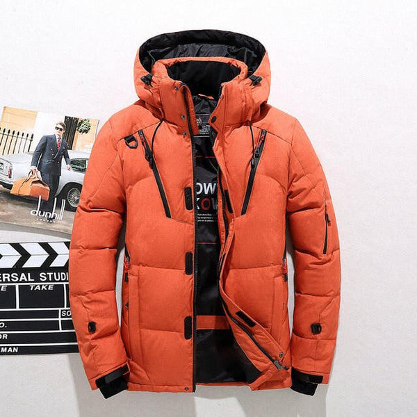 Men's zip-front insulated duck down jacket with a cozy, removable hood.