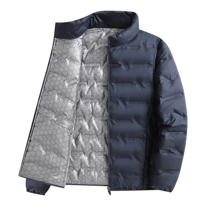 Insulated men's quilted puffer jacket, ultimate warmth for harsh winter. Cold weather outerwear.