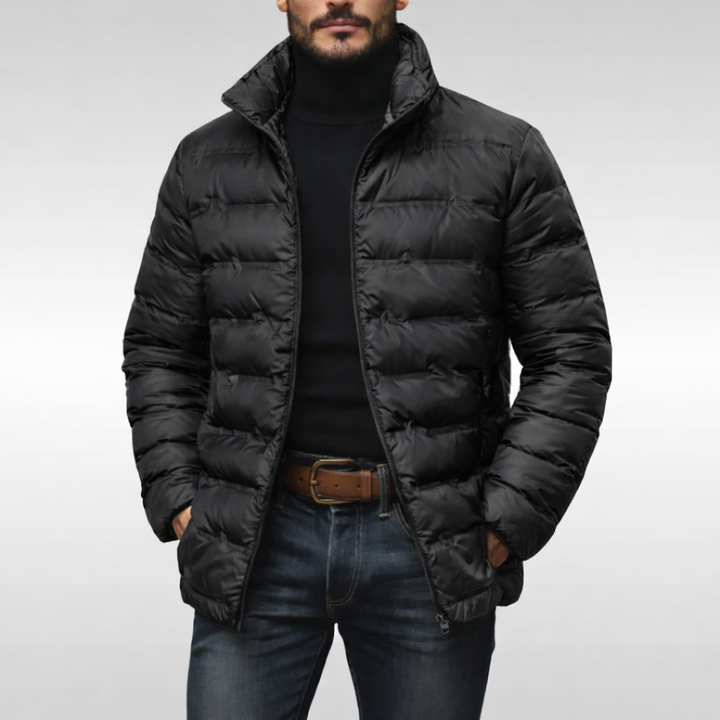 Durable quilted men's puffer jacket with advanced insulation. Warm winter outerwear for extreme cold.