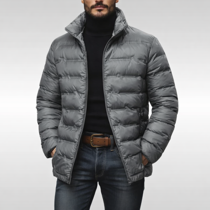 Men's hooded puffer jacket, insulated for maximum warmth. Essential winter coat for cold weather fashion.