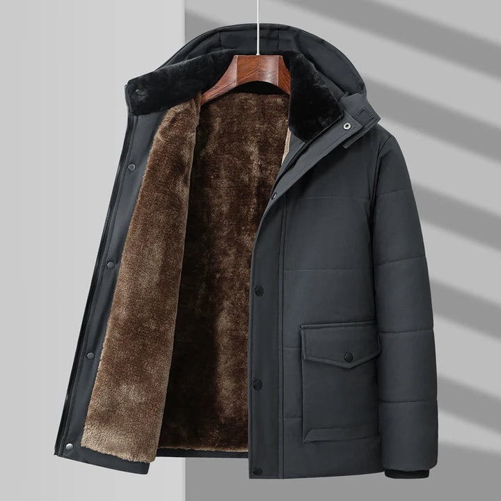 Men's warm insulated puffer jacket with soft faux fur lining, perfect winter outerwear.