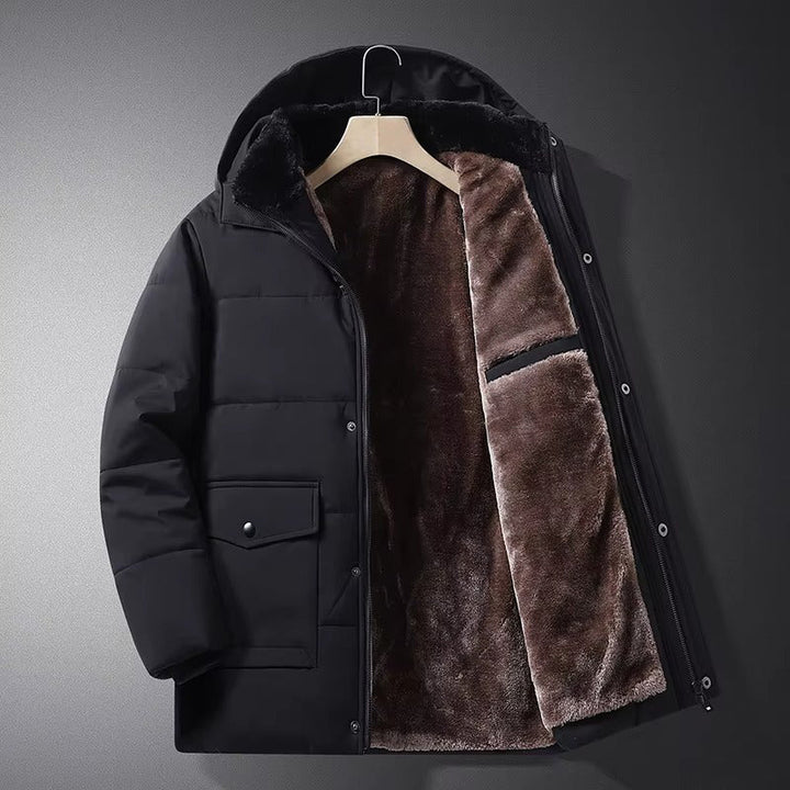 Close-up of a men's faux fur-lined puffer jacket, showcasing the luxurious warm interior and durable exterior.