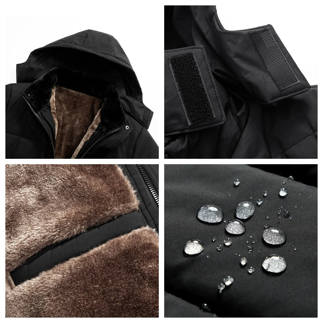 Full shot of a man wearing a warm winter insulated puffer jacket. Practical outerwear for cold weather comfort.
