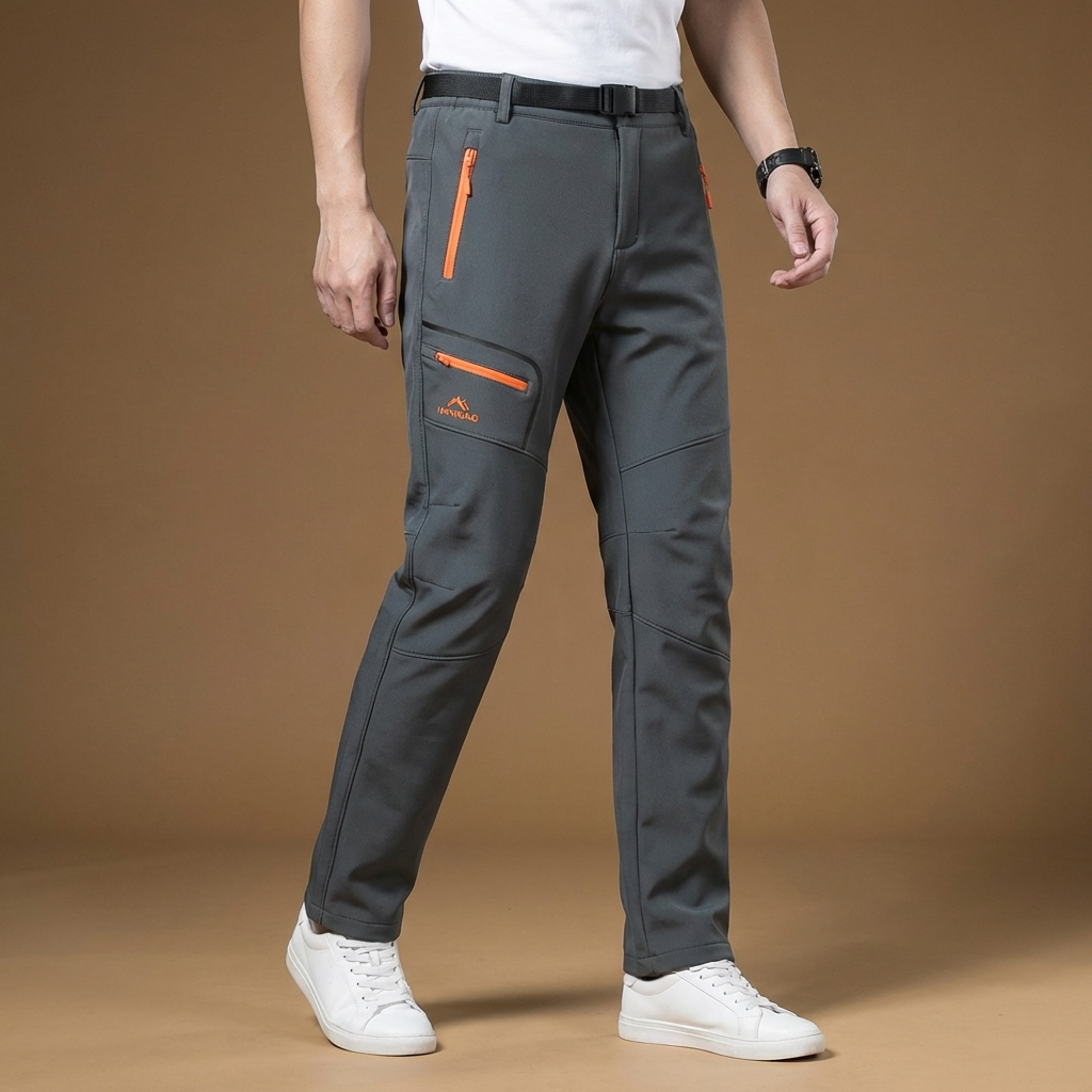 Durable men's waterproof & windproof outdoor winter pants for hiking & camping in cold.