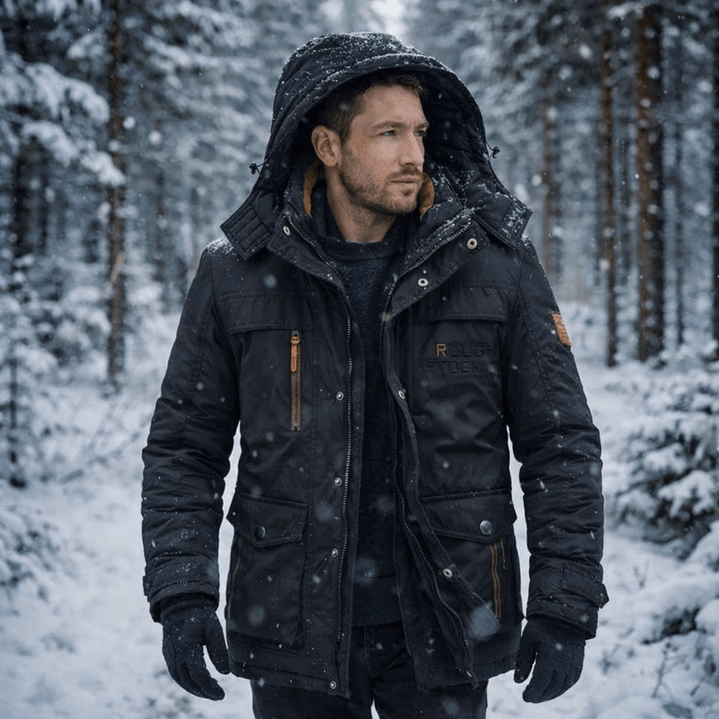 Classic men's hooded winter parka, warm and padded for reliable cold weather protection and style.