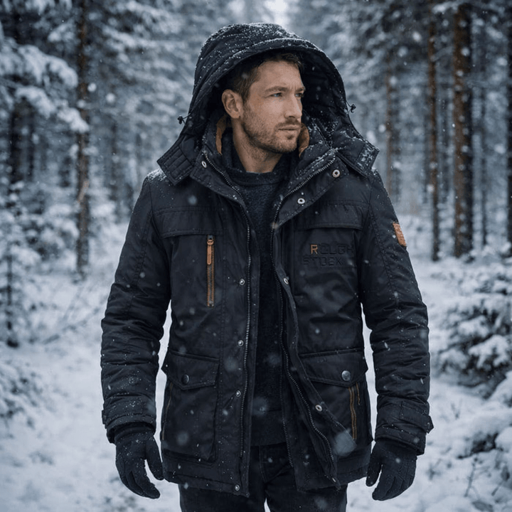Classic men's hooded winter parka, warm and padded for reliable cold weather protection and style.