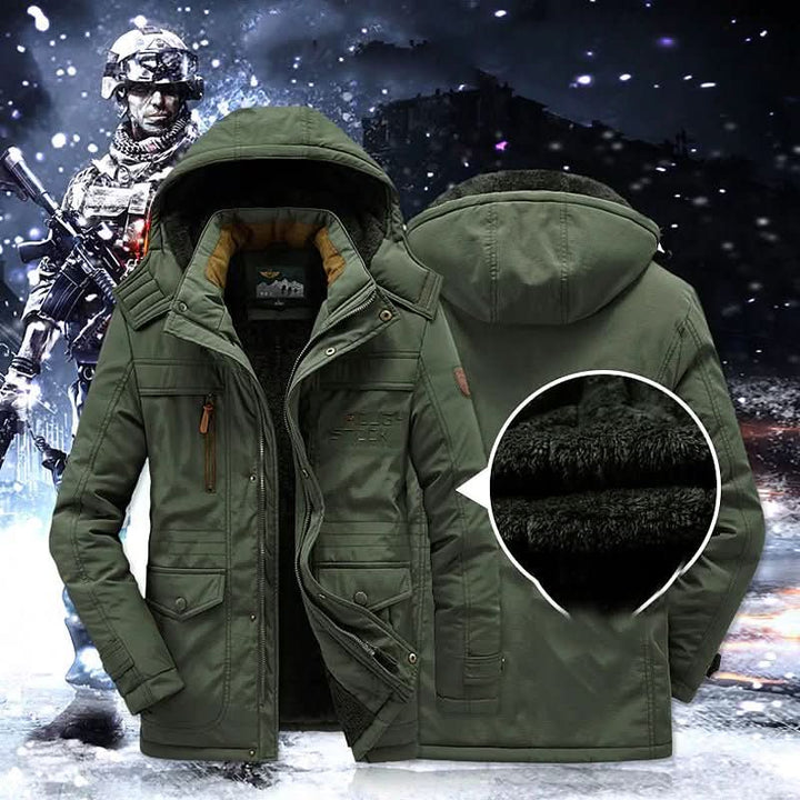 Durable men's windproof hooded winter parka, padded for extreme cold weather and outdoor protection.